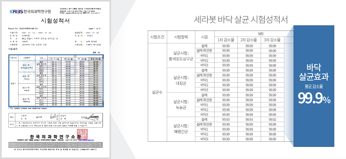 세라봇 바닥 살균 시험 성적서